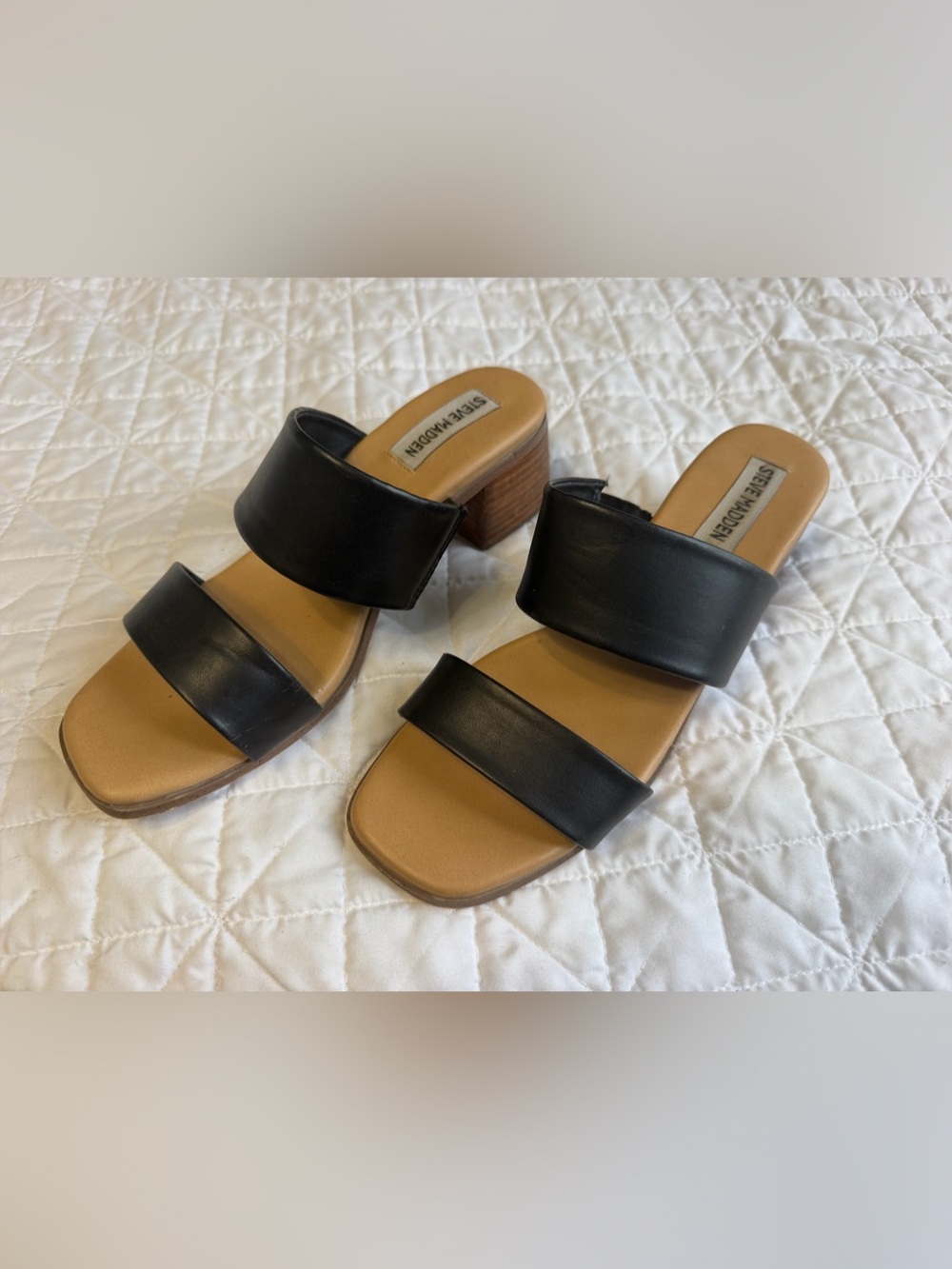 Steve Madden Black Double Band Block Heel Sandals